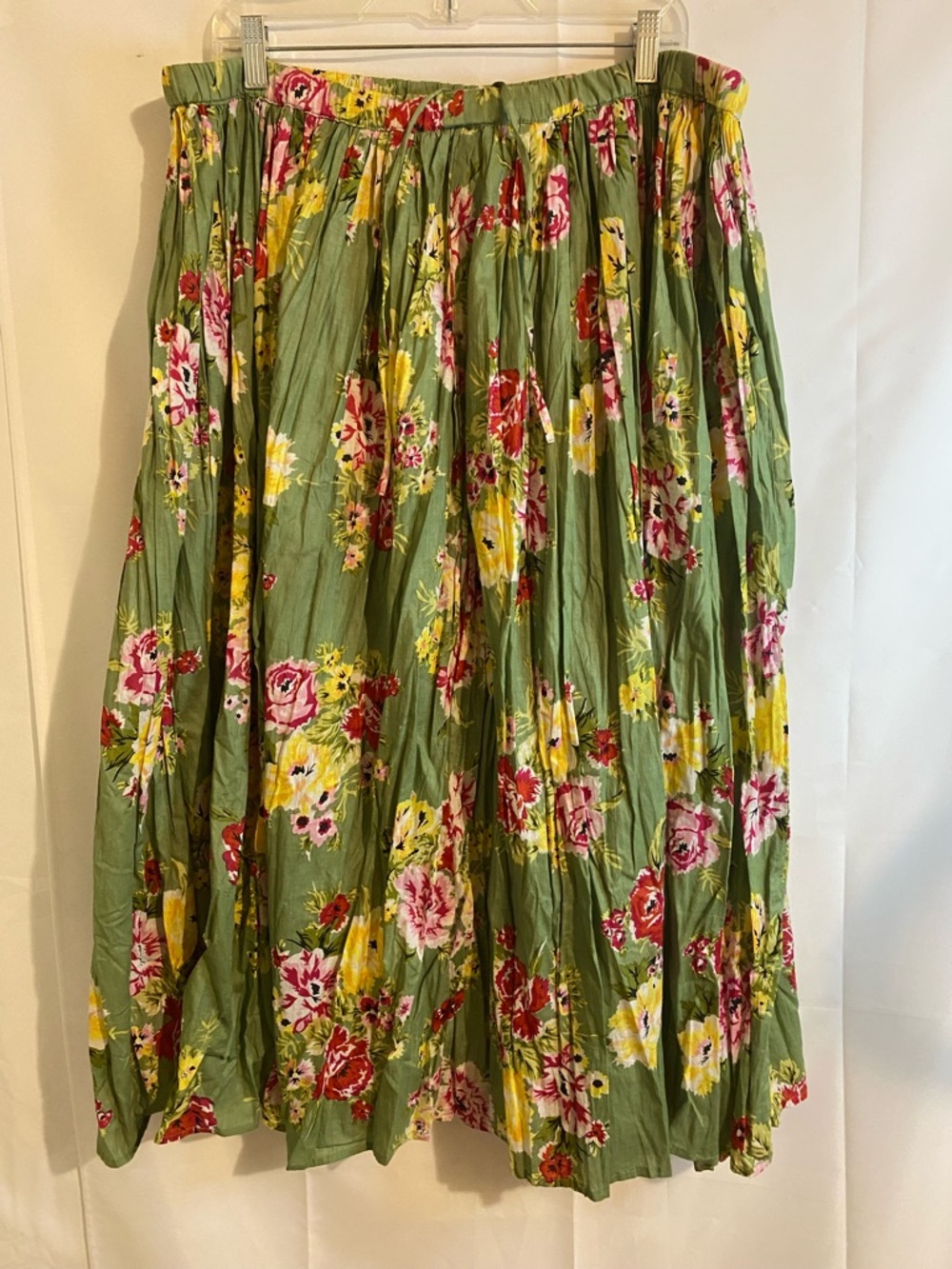 Sara Studio Olive Green Floral A-Line Midi Skirt with Pink and Yellow Blooms 1X